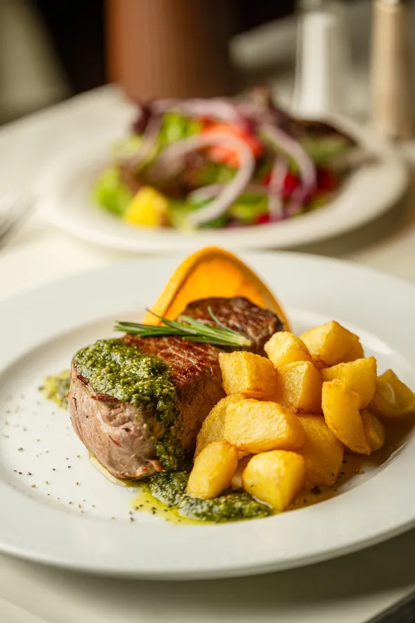 Rinderfilet mit Kräuterpesto und Würfel-Pommes